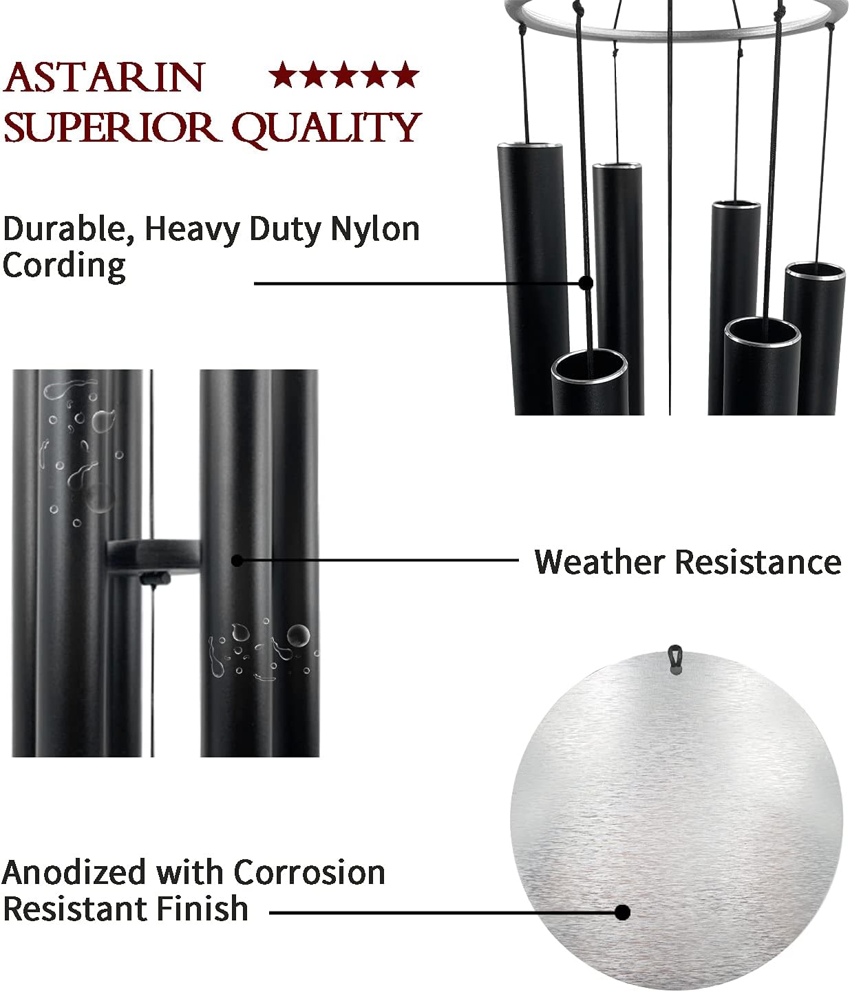 ASTARIN Outdoor Deep Tone,45Inch Sympathy Wind Chimes for Outside with 6 Tubes Tuned Relaxing Melody,Memorial Wind Chimes Large for Mom,Garden Decor,Black