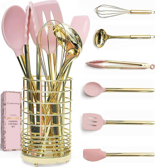 Gold and Pink Kitchen Utensil Set with Holder - 7-Piece Cooking Tools with Gold Whisk, Ladle, Tongs, Turner, Spatula, and Spoon - Stylish Pink Kitchen Accessories for Modern Cooking & Serving