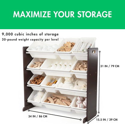 Humble Crew Kids Toy Storage Organizer with 12 Plastic Bins, Espresso/White – Removable Bins for Playroom, Bedroom, Toddler Furniture for Boys and Girls Ages