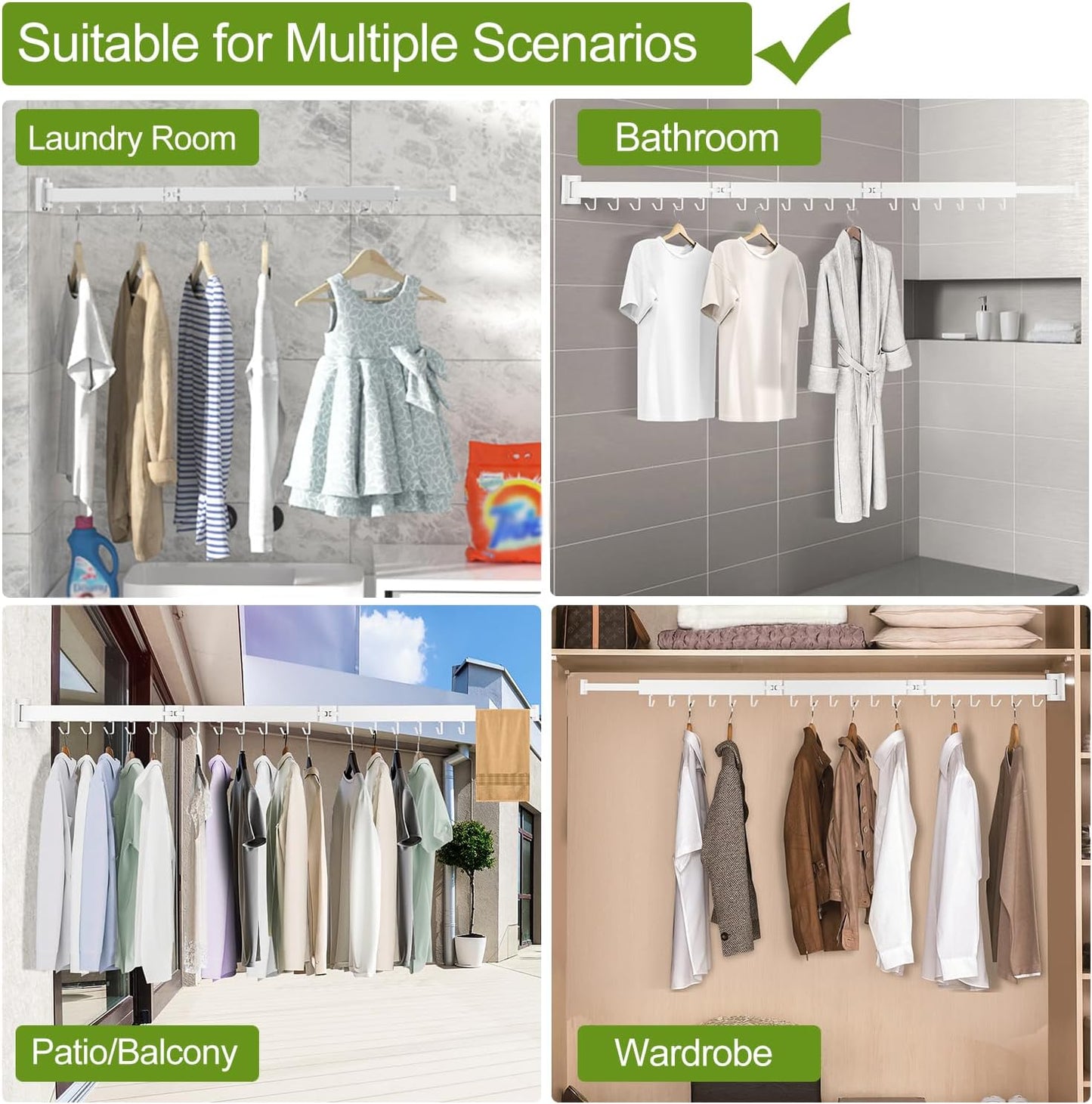 Clothes Drying Rack, Laundry Drying Rack Wall Mount, 3-Fold Wall Mounted Clothes Drying Racks for Hanging Clothes, Foldable & Sturdy Space Saver for Laundry Room -White