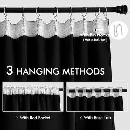 MIULEE Back Tab Blackout Curtains 108 Inch Long 2 Panels Set for Living Room Bedroom, Halloween Black Rod Pocket/Pinch Pleated Extra Long Thermal Insulated Room Darkening Light Blocking Curtain/Drapes