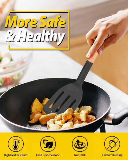 Pack of 2 Silicone Cooking Spatula, Heat Resistant Solid Turner, Non Stick Slotted Spatulas with Wooden Short Handle,Ideal Wood Kitchen Utensils Set for Frying, Baking, Flipping, Turning