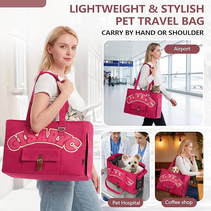 Dog Purse Carrier for Small Dogs, Cats and Puppies – Soft-Sided Foldable Pet Travel Bag with Multi Pockets, 3-Sided Mesh & Rollable Cover for Nervous Cats, Fits Pets up to 15 lbs (Berry Red)