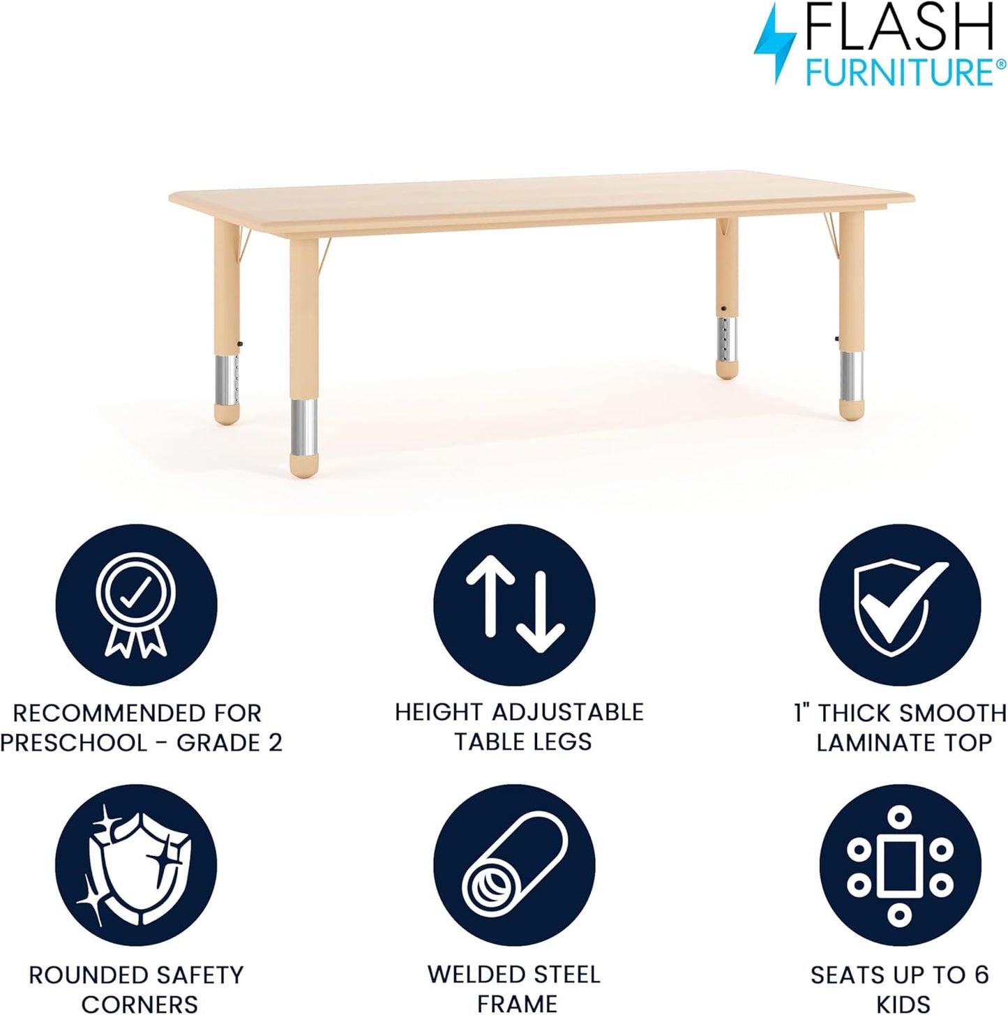 Flash Furniture Wren Adjustable Classroom Activity Table for School and Home, Plastic Activity Table for Kids, 23.625" W x 47.25" L, Natural