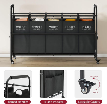 Tajsoon 5 Bag Laundry Sorter Cart, 5 Section Laundry Hamper with Heavy Duty Rolling Lockable Wheels, Laundry Basket Organizer with Removable Bags for Dirty Clothes Storage, Black