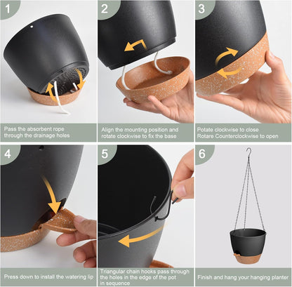 Hanging Planters for Indoor Outdoor Plants, 1 Set Self Watering Hanging Pot with Drainage Holes & Removable Tray (Black-12inch, 12'')