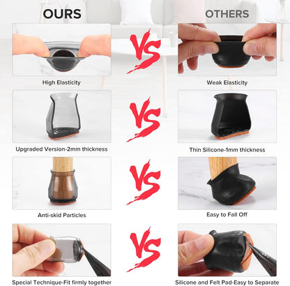 24PCS Upgraded Silicone Chair Leg Floor Protectors for Hardwood Floors, Furniture Sliders for Chair Legs, Felt Bottom Furniture Pads, Anti-Slip Round&Square Cap Covers to Scratch and Reduce Noise