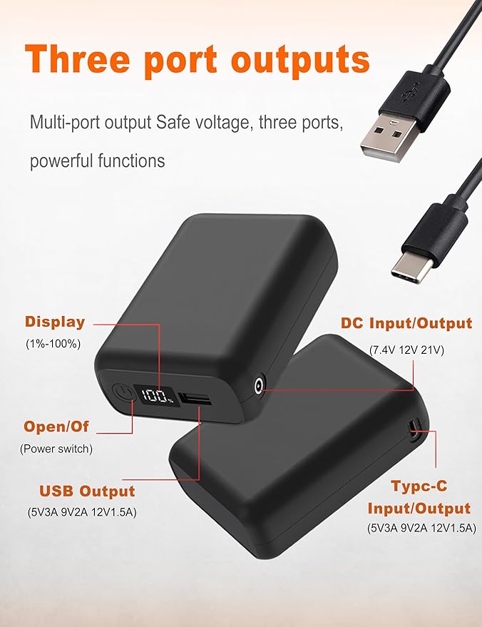 𝟳.𝟰𝗩/𝟱𝗩 𝟮𝟬𝟬𝟬𝟬𝗺𝗔𝗵 Heated Vest Battery Pack, LED Display, Power Bank with USB/Type-C/DC 3.8 Output and LED Display, Portable Charger, Compatible with Heated Vests, Jackets, Pants
