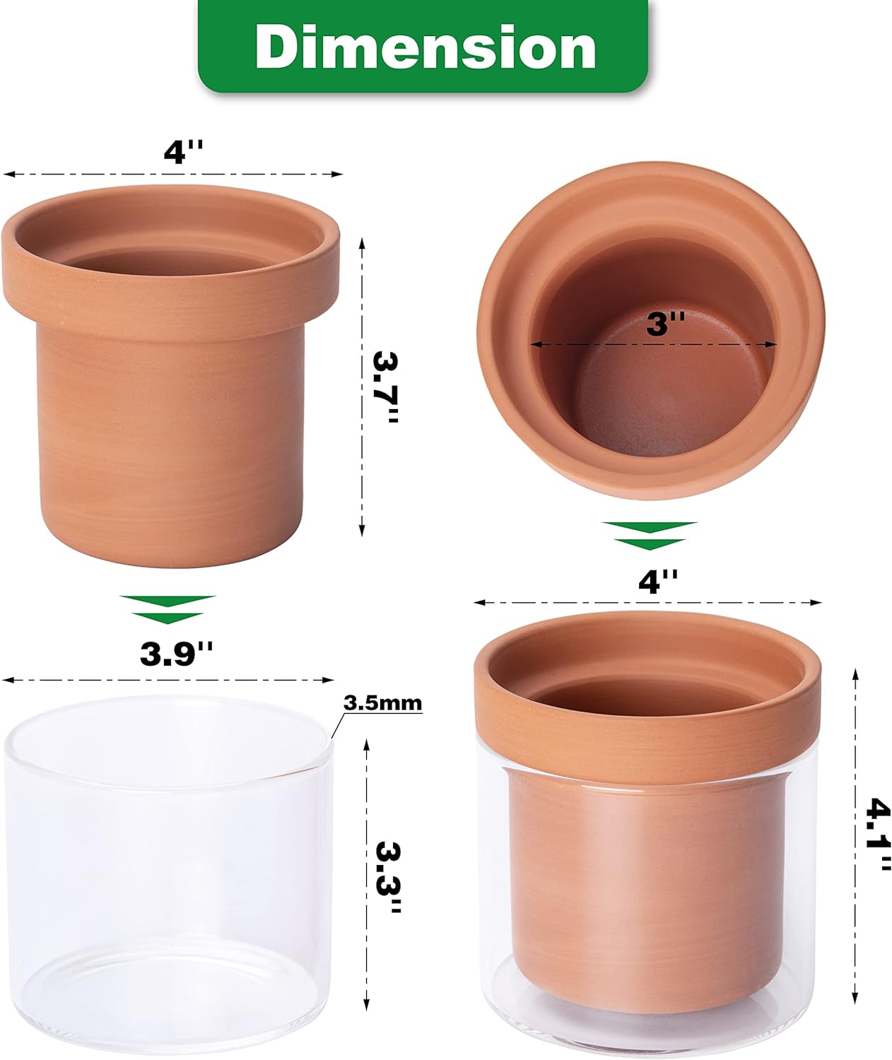 Phoenix Vine 4 Inch Self Watering Planter Pot, Terracotta Clay Pot with Glass Reservoir for Indoor Plants, Herbs, Flowers, Set of 2, 52-A-E-2
