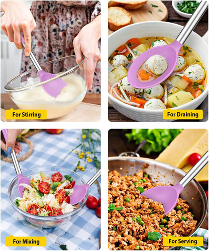 Pack of 2 Large Silicone Cooking Spoons,Non Stick Solid Basting Spoon,Heat-Resistant Kitchen Utensils for Mixing,Serving,Draining,Stirring (PURPLE)