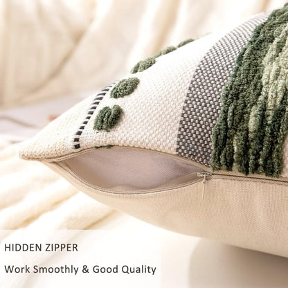 Boho Throw Pillow Covers 18x18 Set of 2 Christmas Decorative Cushion Case Striped Square Pillows Cover Chenille Pillow Cases Accent Neutral Pillowcase for Sofa Couch Bed,Dark Green