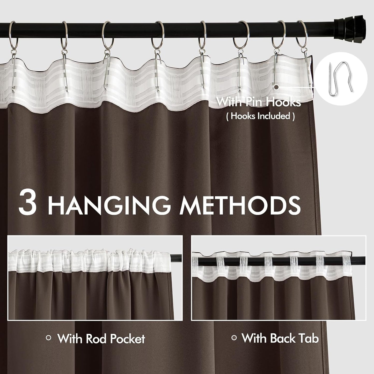 MIULEE Chocolate Brown Back Tab Blackout Curtains 108 Inch Long 2 Panels Set for Bedroom, Rod Pocket/Pinch Pleat Extra Long Thermal Insulated Living Room Darkening Pleated Light Blocking Drapes