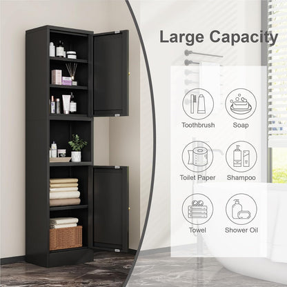 67" Tall Bathroom Storage Cabinet, Narrow Metal Floor Cabinet with 2 Doors and Adjustable Shelves, Freestanding Metal Locker for Laundry, Kitchen, Dining Room