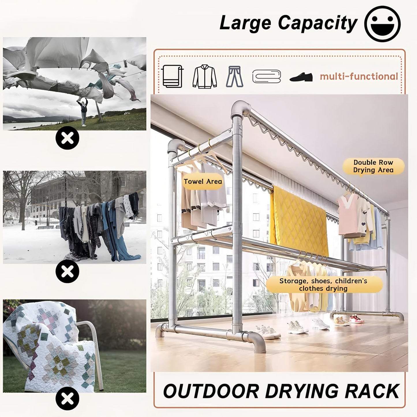 Clothes Drying Rack with Windproof Hooks, 78.7 inch Adjustable Heavy Duty Laundry Drying Rack, Free Standing Metal Clothes Rack, for Indoor Outdoor