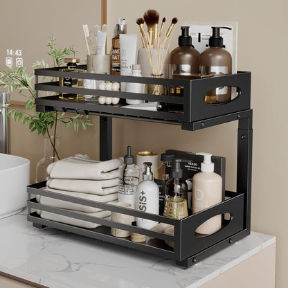 Under Sink Organizer, 2 Tier Under Sink Organizers and Storage, Adjustable Height, Slide out Metal Cabinet Organizers, Pull out Cabinet Storage Drawer Shelf for Kitchen Bathroom Black, 1 Pack