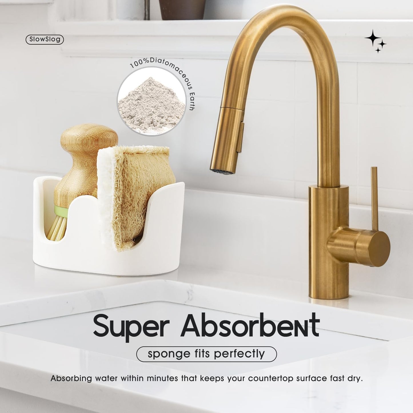 2 Pack Double Sponge Holder, Diatomite Stone Absorbent Sponge Stand for Kitchen Sink - Quick Dry Organizer for Kitchen Countertop, White