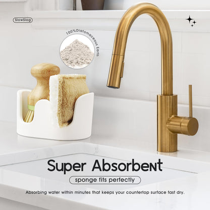 Double Sponge Holder, 2 Slot Diatomite Stone Sponge Holder, Absorbent Sponge Stand for Kitchen Sink, Quick Dry Sponge Caddy Kitchen Sink Organizer, White