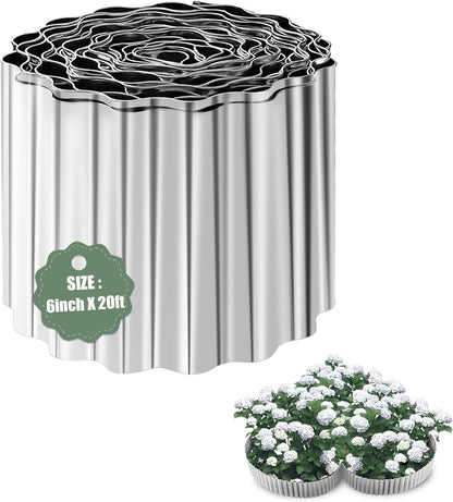 Corrugated Metal Garden Edging - 6 Inch X 20 FT Landscape Edging Border, Flexible Border for Garden Fence, Flower Bed, and Lawn (Silver)