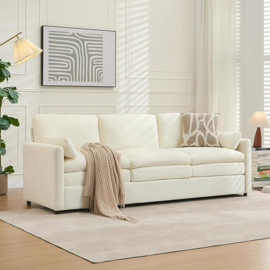 Tbfit Modern Couch Sofa, 89" Cloud Couch w/Pillows, Pocketed Spring Seat, Comfy 3-Seater Plush Foam Cushions, Chenille Fabric Removable Covers, Soft Upholstered Living Room Furniture Apartment, Beige