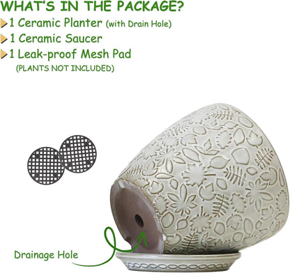 10inch Retro Ceramic Planter with Drainage Hole and Saucer for Multiple Plants, Indoor-Outdoor Garden Pots for Succulent, Orchid, and Flower (Fits Inner Pots Up to 9 Inch, Retro White)