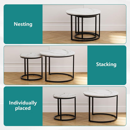 Smuxee White Nesting Coffee Table Set of 2, 23.6" Round Coffee Table Wood Grain Top with Adjustable Non-Slip Feet, Industrial End Table Side Tables for Living Room Bedroom Balcony Yard