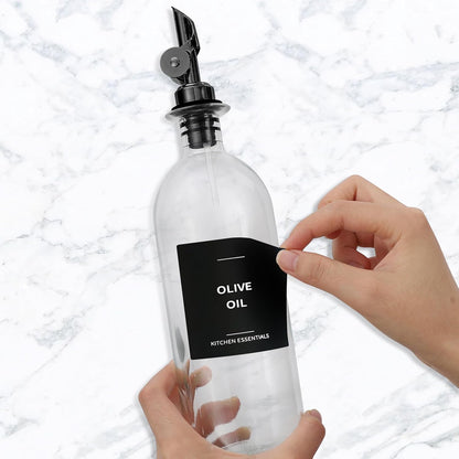 Olive Oil Dispenser Bottle - Includes 55 Kitchen Essential Labels - Cooking Oil Bottles for Kitchen, Coffee Syrup Dispenser - Pourer Spout with 16.9 fl oz Glass Container Cruet - 2pcs, Black