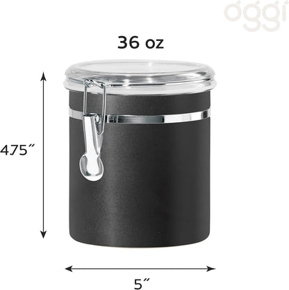 Oggi Stainless Steel Kitchen Canister 36 fl oz, Black - Airtight Clamp Lid, Clear See-Thru Top - Ideal for Kitchen Storage, Food Storage, Pantry Storage. Size 5" x 4.75".