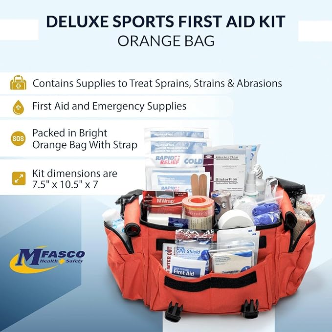 MFASCO Deluxe Trainers Sports First Aid Kit – 311-Piece Emergency Sports Kit – Athletic Medical Kit for Coaches, Soccer, Football & Outdoor Teams – Orange Bag with First Aid Supplies for Athletes