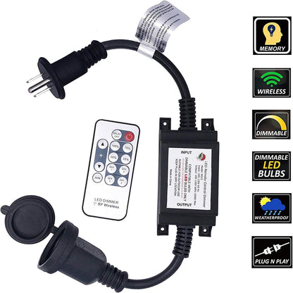 Max Power 200W Waterproof Outdoor String Lights Wireless Remote Control, 150Feet Range, Memory, Stepless Dimming, IP68 Waterproof. UL 3 Prong Remote Control Dimmer