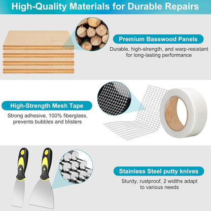 Drywall Repair Kit with 12"x12" Dry Wall Repair Panel, 33-in-One Drywall Patch Kit Wall Patch Repair Kit with Spackle, Mesh Tape, Putty Knives & Sanding Block for Wall Surface Ceiling Large Hole Fill