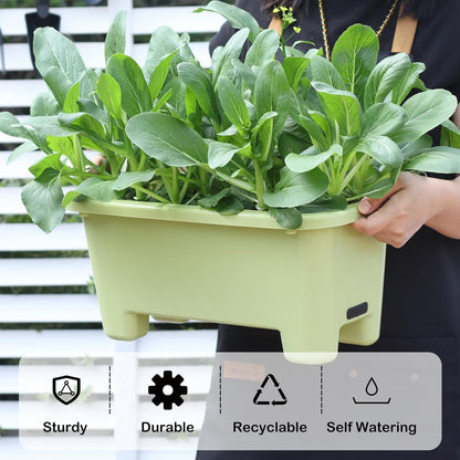 Self-Watering Rectangle Planter Boxes 8-Pack, 15.7-Inch Window Box Planter with Drainage Holes & Trays, Pots for Vegetables, Herbs, Flowers, Garden Windowsill Balcony (Light Green, 15.7*8.3*7.1 inch)