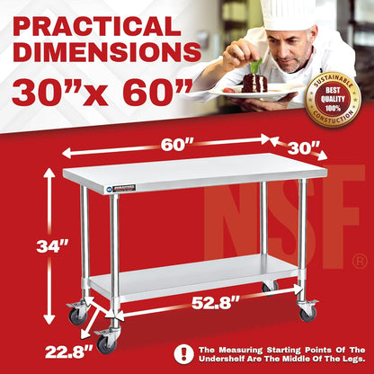 DuraSteel 30x60 NSF Stainless Steel Cart - Heavy Duty Food Prep Table with Undershelf - Rolling Kitchen Island on Wheels for Commercial Restaurant Kitchen, Garage, Outdoor Cooking, BBQ Grill, Counter