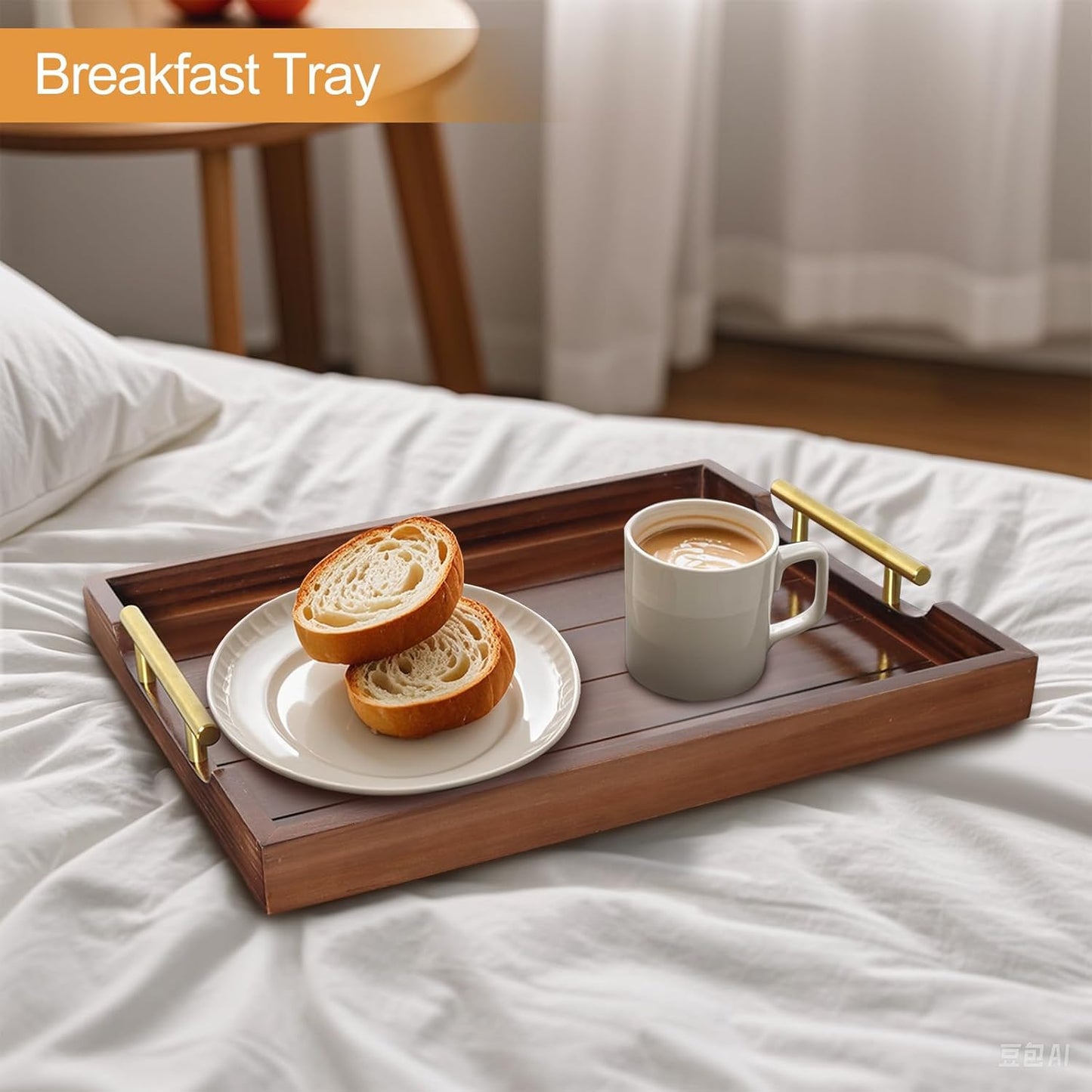 Coffee Table Tray - Large Ottoman Trays for Living Rooms - Wood Serving Tray with Handles(2 Sets) - Wooden Tray for Coffee Table, 4 Round Coasters Included, Dark Brown