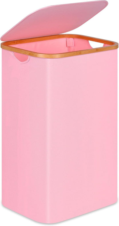 100L Laundry Hamper with Lid, Lagre Basket with Bamboo Handles,Foldable Clothes Hamper Tall Dirty Laundry Basket for Clothes Toys Towels Organizing,Pink