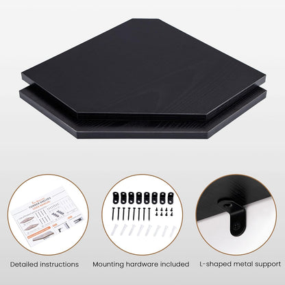 Corner Shelf Wall Mount, Floating Corner Shelves, Set of 4 Corner Wall Shelf Organizer, Rustic Wood Wall Storage Display Shelves for Living Room Bedroom Bathroom Kitchen, Classic Black