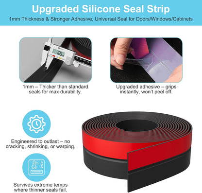 Heavy-Duty 20 ft x 2 in Weather Stripping, Door Draft Stopper Silicone Seal Strip for House and Glass Shower Doors for Collision and Side Gaps of Door and Windows, Black