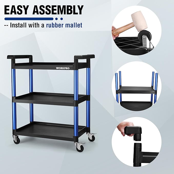 WORKPRO 3-Tier Service Utility Cart, 400LBS Plastic Rolling Cart with Handles & Lockable Wheels, Heavy Duty Storage Cart for Restaurant, Kitchen, Office, Garage, Warehouse