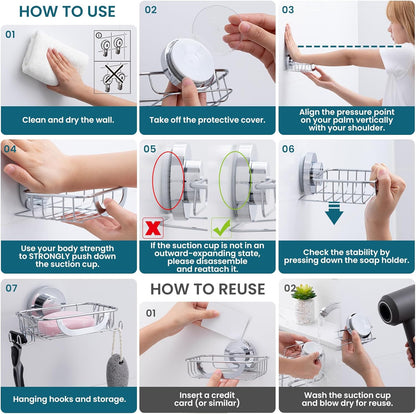 TAILI Soap Bar Holder Dish with Hooks, Shower Soap Tray Saver Suction Cup with Razor Holder for Wall, Rustproof Stainless Steel Bath Shampoo Caddy for Bathroom Accessories Organizer, Silver