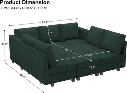 Belffin Corduroy Modular Sectional Sofa 9 Seat Convertible Sectional Sleeper Sofa Bed with Storage Ottomans Modular Sectional Couch Bed for Living Room Green