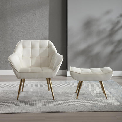 Modern Velvet Accent Chair with Ottoman Set of 2, Upholstered Lounge Chair with Footrest, Comfy Living Room Chair with Gold Legs Accent Side Chair Armchair for Small Space Bedroom, Beige