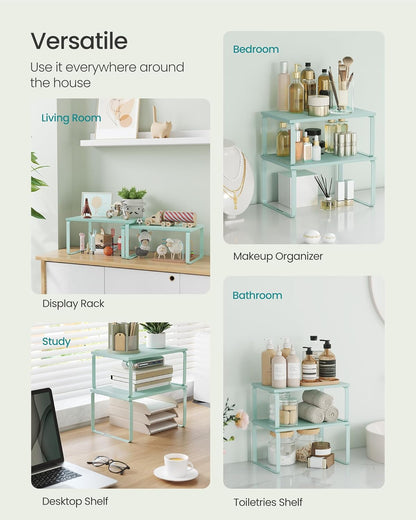 SONGMICS Cabinet Organizer Shelf, Set of 2 Kitchen Counter Shelves, Kitchen Storage, Spice Rack, Stackable, Expandable, Metal and Engineered Wood, Moonlight Green UKCS002C01