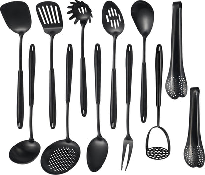 304 Stainlss Steel Matte Kitchen Utensils Set, 12 Pcs Long Metal Cooking Utensil Gadgets Tools Set with Spatula, Ladle, Spoon, Ladle, Skimmer, Tunner, Pasta Server, Tongs(Black, Dishwasher Safe)