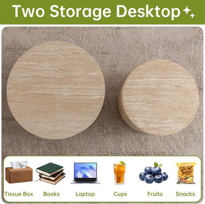 Round Nesting Coffee Table Set of 2 Small Round Coffee Tables for Living Room Modern Fluted Coffee Table Circular End Table Side Table for Small Spaces No Assembly (Travertine, 18 in)