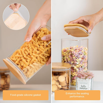 YUNCANG Glass Storage Jars 6 Pack 37oz Clear Glass Food Storage Containers with Airtight Bamboo Lid Stackable Kitchen Canisters for Candy,Cookie,Rice,Sugar,Flour,Pasta,Nuts and Spice Jars(Square)