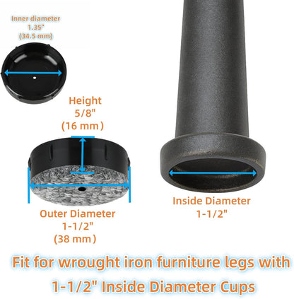 Wrought Iron Patio Furniture Feet Caps - Furnigear 1-1/2" Round Plastic Outdoor Chair Leg Caps, Floor Protectors Patio Furniture Replacement Rubber Feet with Heavy Duty Looped Felt (16 Pack, Black)