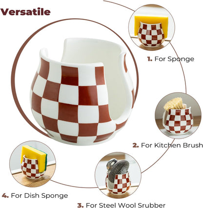 Checkered Sponge Holder for Kitchen Sink Counter, Ceramic Dish Sponge Caddy White Sink Organizer Dish Rack Farmhouse Brush Holder for Bathroom, Brown and White