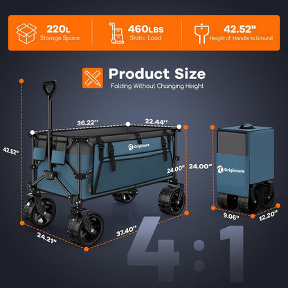220L Collapsible Wagon Cart Foldable, 460lbs Load Capacity Heavy Duty Folding Beach Wagons with Big All-Terrain Wheels, Utility Carts for Groceries, Shopping, Camping, Sports - Grey&Blue