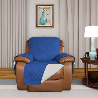 PureFit Reversible Quilted Oversized Recliner Sofa Cover, Water Resistant Furniture Protector, Washable Couch Cover with Elastic Straps for Kids, Pets (Large, Classic Blue/Ivory)