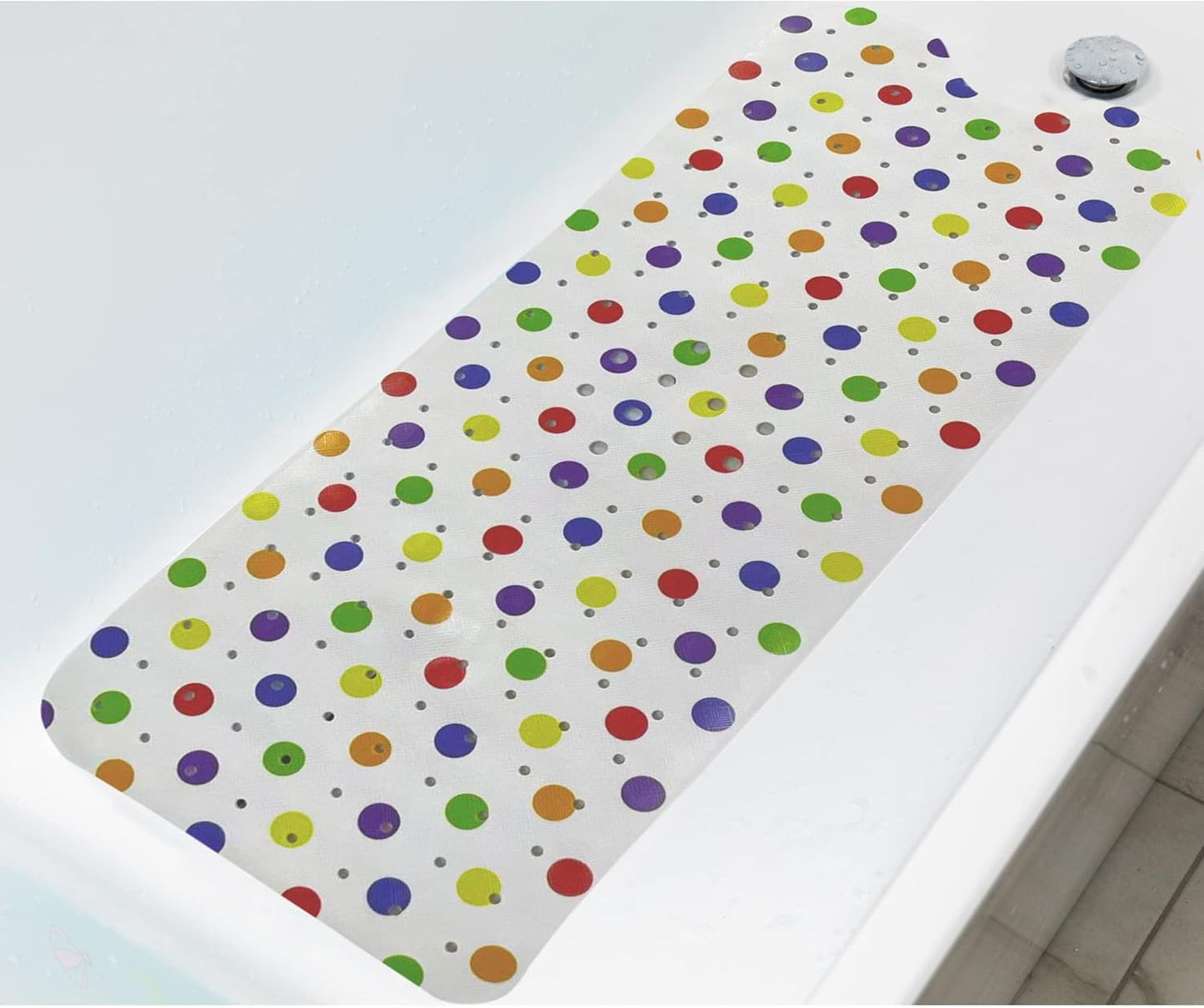 ENKOSI Bath Mat Long 40x16 – Non-Slip Bathtub Mat with Secure Suction Cups & Drain Holes with Fun Polka Dot Design Shower Mat for Tub for Kids and Toddlers (40x16 Polka Dot)