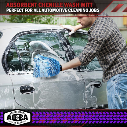 AIDEA Car Wash Mitt Microfiber 2PK, Scratch-Free& Lint-Free, Premium Chenille Microfiber Wash Mitt-Blue Extra Large Size (8''X12'')